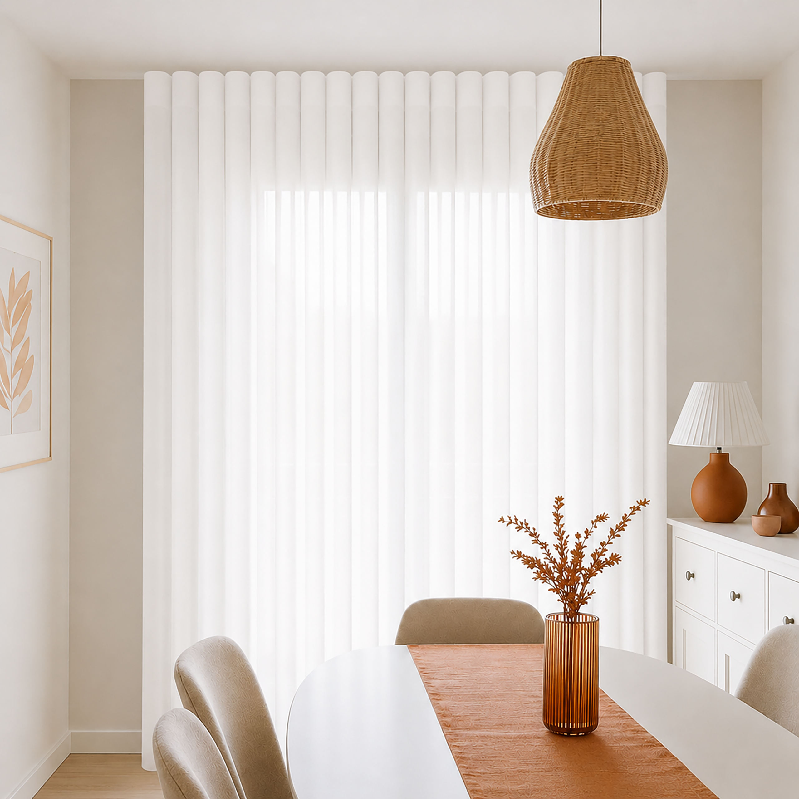 Comedor moderno con cortina Dinno en ventana