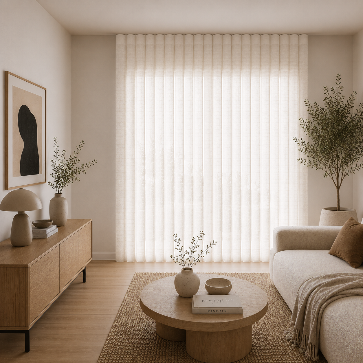 Cortina Dinno en tejidos lino en salón minimalista decorado con tonos neutros
