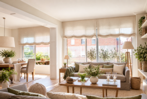 Salón comedor con ventanales grandes decorados con estores paqueto IKAYA