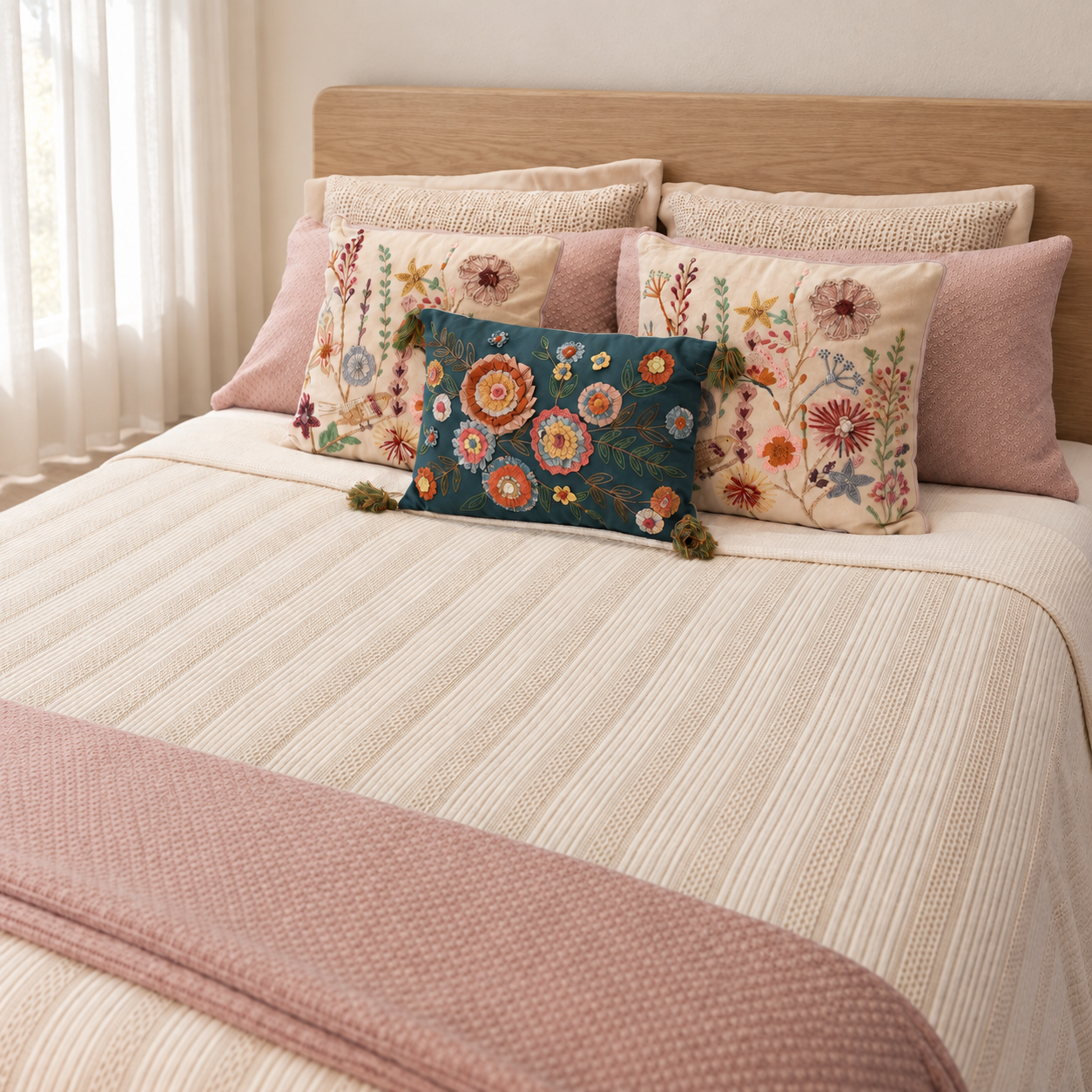 Colcha de IKAYA con plaid y cojines decorativos