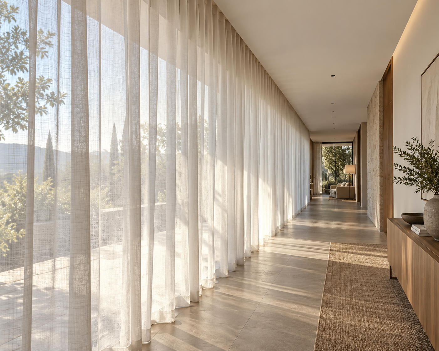 Visillo ligero en corredor de casa con decoración moderna